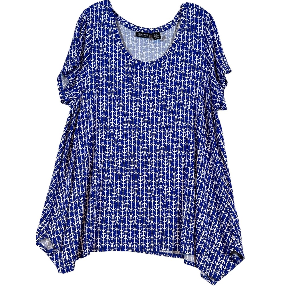Jones & Co Jones New York Blue White Anchor Nautical Sharkbite Tunic Top 2X Navy